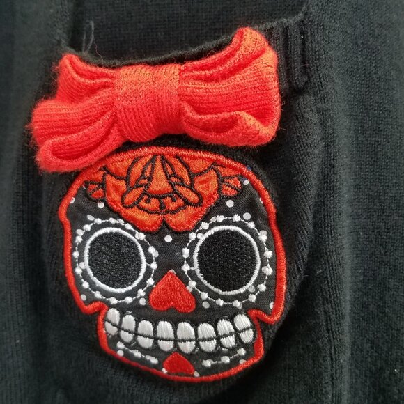Too Fast Cardigan Womens XL Sugar Skull Bow Embroidery Button Stretch Knit Black - Picture 3 of 16